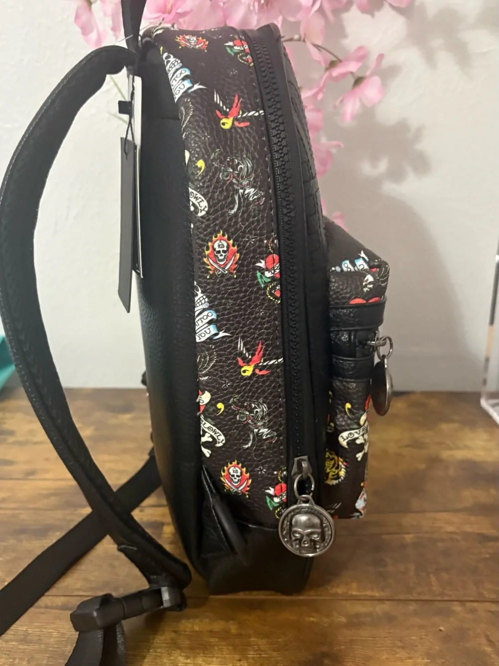 Ed Hardy Black Backpack/ Sling bag with Multicolor Tattoo Prints NWT